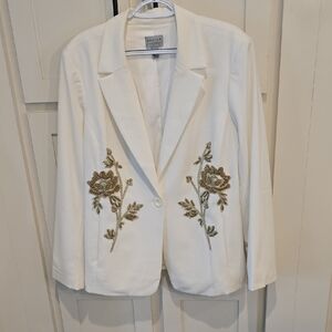 Susan Graver White Blazer with Gold Floral Embroidery